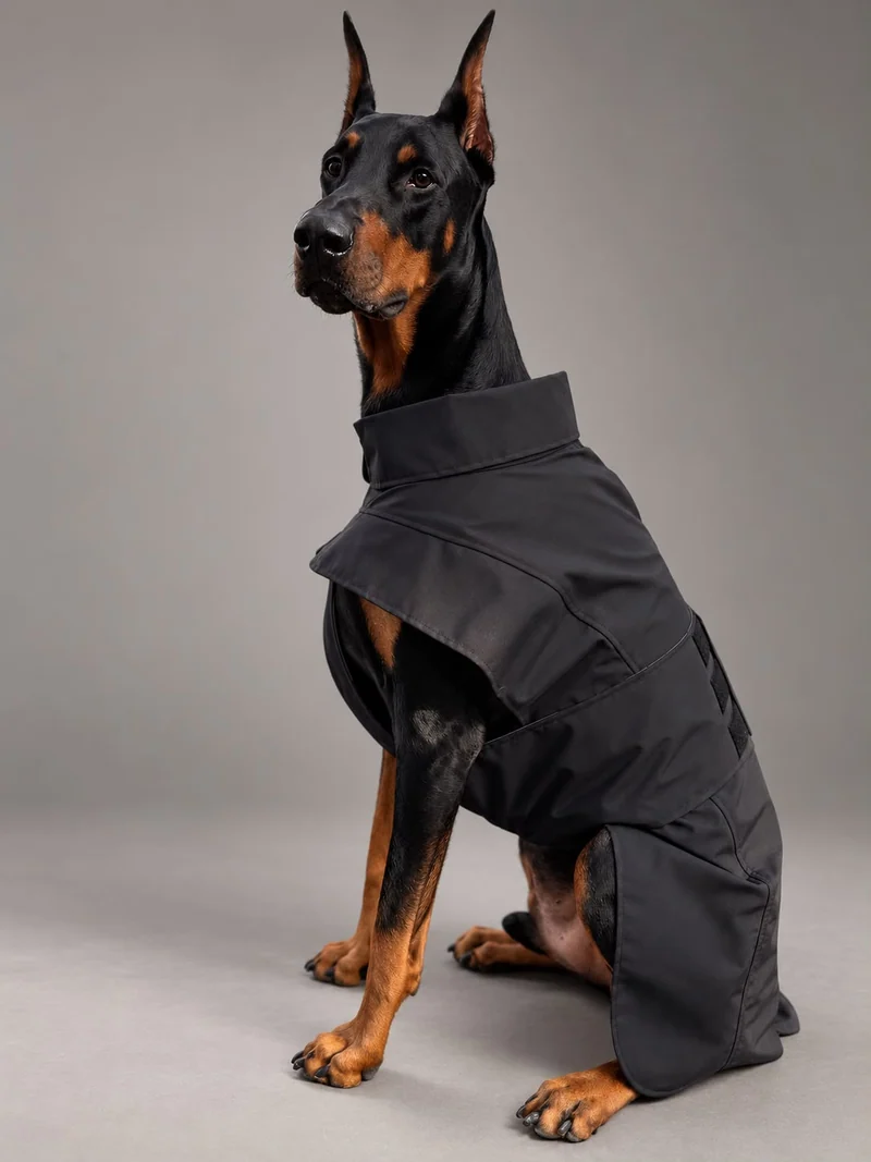 Siyah trençkot giyen Doberman